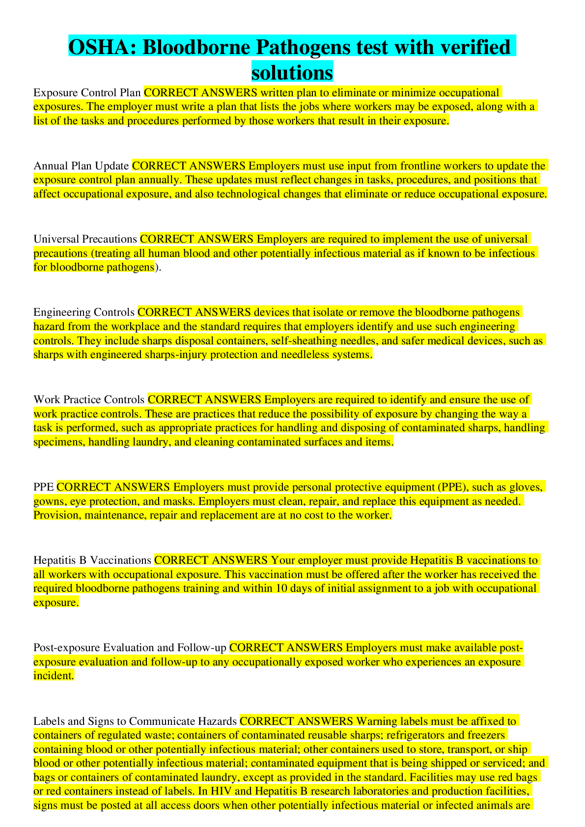 Preview image for OSHA: Bloodborne Pathogens test with verified solutions